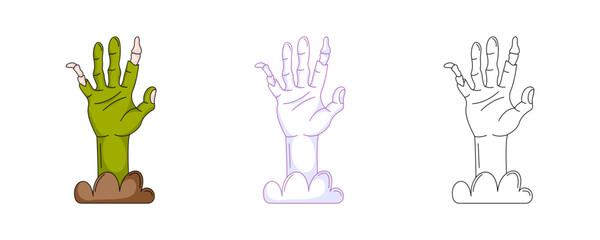 Spooky zombie hand, colorful and line icon set. Traditional halloween mystic symbol. Vector flat icon, monochrome purple, color, outline illustration. For logo, sticker, coloring book, label, print