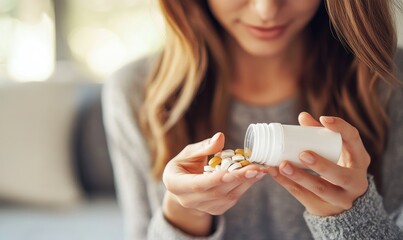 A woman examining pills from a bottle, indicating health and wellness.