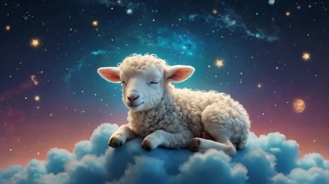 Little fluffy sheep sleeps on a cloud