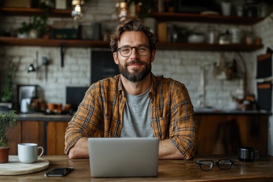 A relaxed professional sits contentedly at his laptop, epitomizing the convenience and adaptability of remote work in a serene and stylish environment.