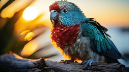 Naklejka premium Palms beach synthwave sunset skyline birds retro 80's shadow 