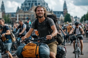 Fototapeta premium A smiling man cycles through a busy city square, surrounded by other cyclists. He carries a large backpack and appears to enjoy the bustling environment.