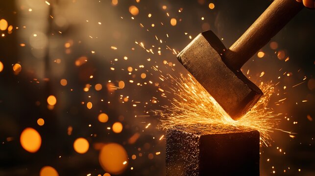 Blacksmith Hammering Iron with Sparks Flying in a Dramatic Action Scene. AI generated illustration