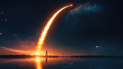 A fiery comet streaks across the night sky, reflecting in a still lake, leaving a trail of smoke and light against a backdrop of stars.