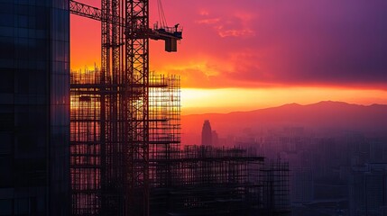 A stunning sunset view behind a construction site, showcasing cranes and scaffolding against a vibrant sky.