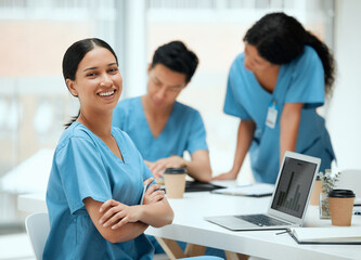 Woman, medical student and arms crossed with laptop on teamwork and collaboration for research....