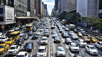 A city street with multiple lanes filled with cars, all stopped or moving slowly due to traffic congestion.