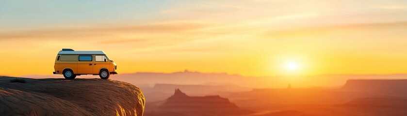 Fototapeta premium A vintage yellow van parked on the edge of a cliff, capturing a breathtaking sunset over a vast landscape.
