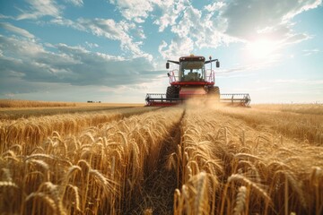 Obraz premium Red combine harvester working a wheat field under a blue sky with fluffy clouds