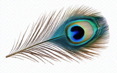 Obraz premium Close-up of a colorful peacock feather with vibrant iridescent hues and intricate eye pattern, perfect for background or decorative use.