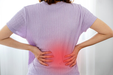 A successful businesswoman feeling waist pain and stretching herself after working hard on computer laptop for a long time in the home office, Office syndrome concept