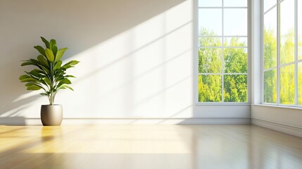 Bright and airy interior space featuring large windows, natural light, and a lush potted plant for a refreshing atmosphere.