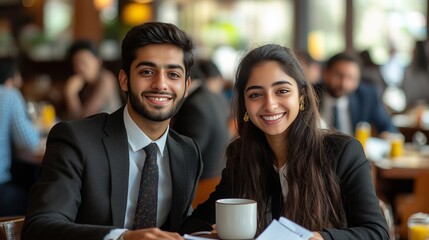 A young professional Indian couple sits in a restaurant