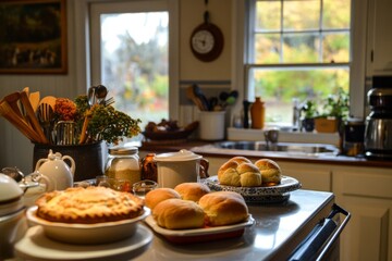 A Kitchen Countertop with Baked Goods, Dishes, and Utensils