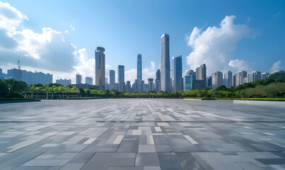 A flat space in front of a city building