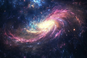 Fototapeta premium A dynamic galaxy spiraling through space, nebulae glowing in vibrant pinks and blues, with a powerful galactic core radiating energy, distant planets illuminated by cosmic waves.