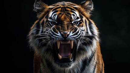 An angry tiger showing its teeth, against a black background © ifoto