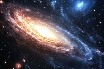 Fototapeta premium A glowing galaxy swirling in a cosmic ballet of stars and nebula, with a powerful galactic core radiating energy, distant planets caught in its pull, all against the backdrop of deep space.