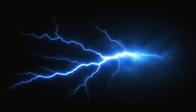 Foudre tonnerre orage arc &eacute;clair bleu n&eacute;on &eacute;lectricit&eacute; fond noir.