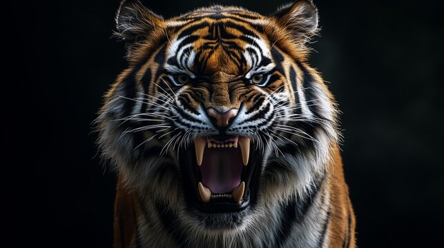 An angry tiger showing its teeth, against a black background