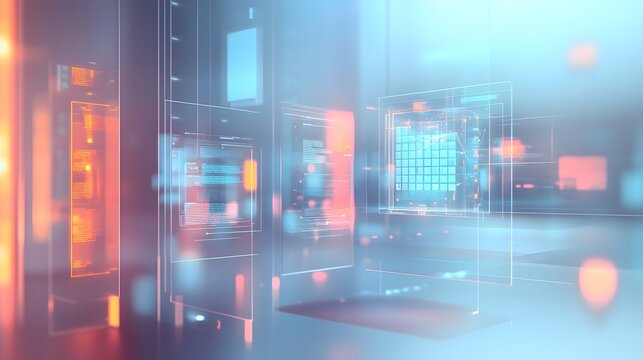 Transparent holographic interfaces floating on a muted background with sleek design