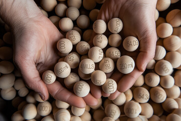 Hundreds of balls from the Spanish Christmas lottery draw in the hands of an adult
