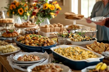 Obraz premium A Table Spread of Home-Cooked Dishes with a Bouquet of Sunflowers and Fall Flowers