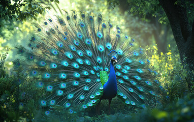 Obraz premium Majestic peacock with vibrant feathers fanned out, displaying its stunning colors in a lush, green forest. Sunlight filters through the trees.