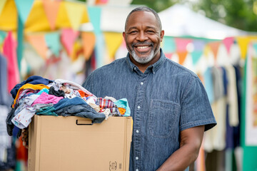 A middle-aged African American man, with a beaming smile, holds up a donation box filled with clothes. He stands in front of a cheerful, colorful backdrop of a community fair or charity event.