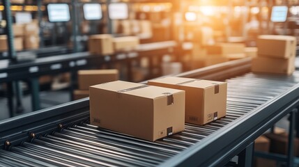 Close-Up of Boxes on Conveyor Belt in Warehouse with Blurred Office Background. AI generated illustration