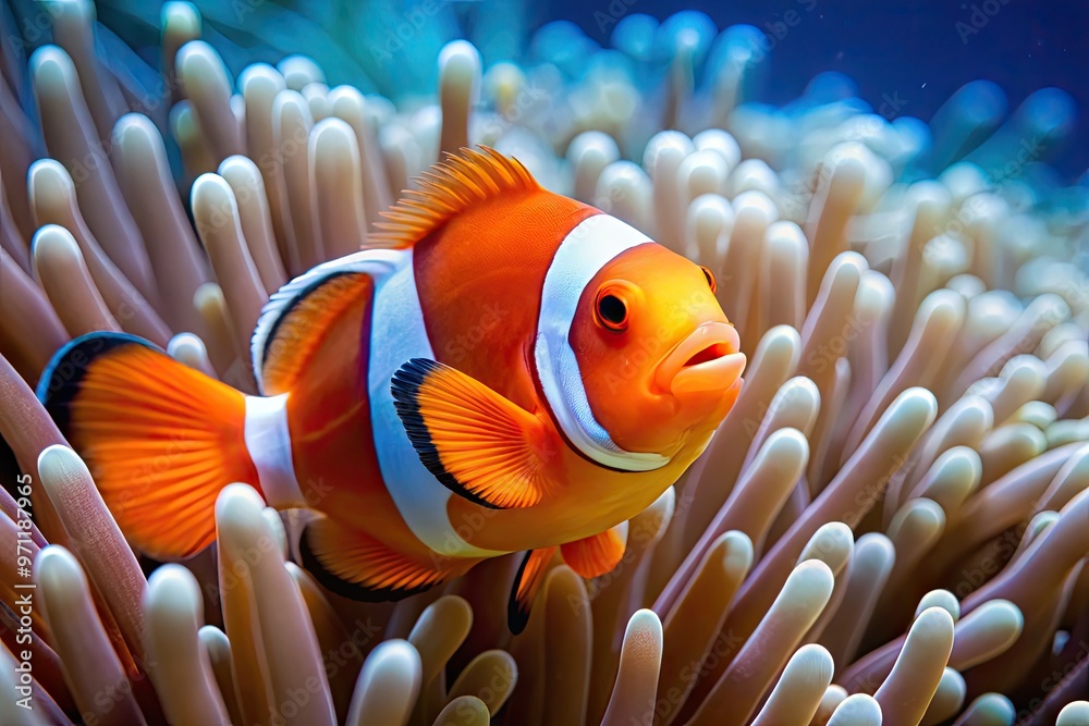 Wall mural vibrant orange clownfish with white stripes swims beside a sea anemone, its tentacles gently waving 