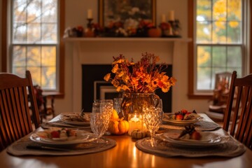 A Festive Autumn Table Setting with Candles and Dried Flowers