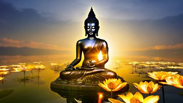 buddha statue at sunset. generative ai 