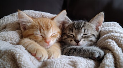 Two cute kittens sleeping in the same blanket