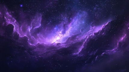 A galaxy-themed design with deep purple hues, twinkling stars, and nebula clouds swirling in the background