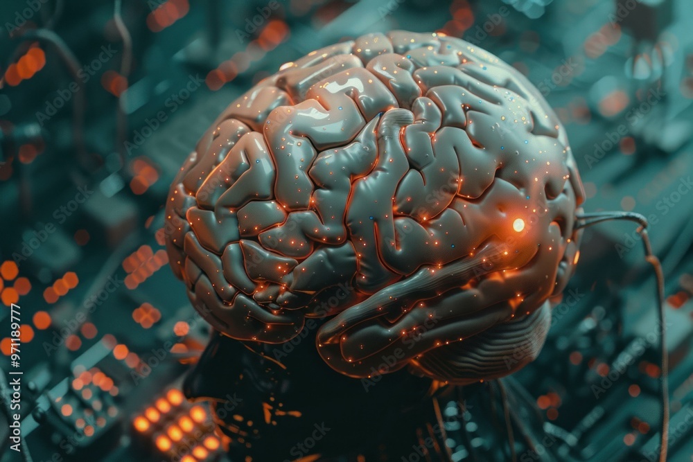 Poster artificial intelligence brain glowing with neural network activity inside computer circuit board