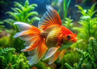 Vibrant orange lionhead oranda goldfish with flowing fins and a wispy wen amidst lush green aquatic plants in a serene underwater environment.