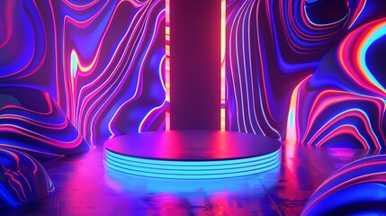 AI generative 3D podium with a psychedelic background, featuring swirling neon patterns and vibrant, abstract shapes that create a surreal atmosphere.