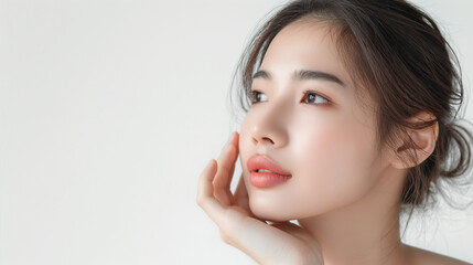 Naklejka premium Beautiful young asian woman touch her gently face skin isolated on white background, present her fresh skin, template for beauty product advertising