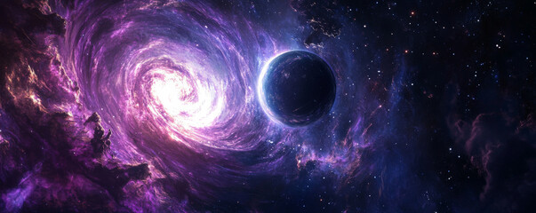 A radiant galaxy spiraling through the cosmos, nebulae glowing in purple and blue hues, with a distant planet illuminated by the galactic coreâ€™s vibrant energy waves.