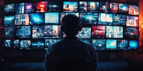 A person monitors multiple screens displaying various digital visuals in a darkened room during the late evening hours. Generative AI