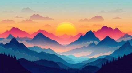 Obraz premium Colorful sunrise behind jagged mountain peaks, flat design, triadic scheme with animated clouds for dynamic backgrounds, colorful sunrise, flat mountains