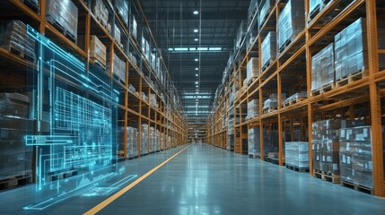 Fototapeta premium A large warehouse with high shelves filled with boxes, a digital overlay of a robotic arm and conveyor system suggests automation and efficiency.