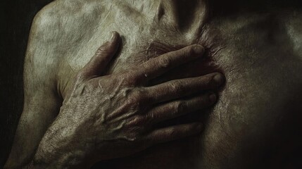 Fototapeta premium A close-up of a hand resting on a bare chest, highlighting skin texture and the essence of vulnerability.