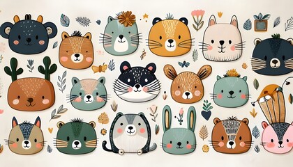  Cute kids scandinavian characters set including trendy quotes and cool animal decorative hand drawn elements. Cartoon doodle illustration for baby shower, nursery room decor, children design. Vector