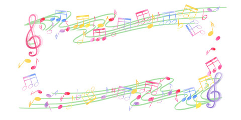 Musical elements. Notes and treble clefs on swirly music staff. Horizontal frame with empty space for text. International Music Day. Watercolor illustration for greeting, invitation
