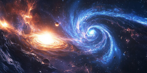 A swirling galaxy in a cosmic voyage, nebulae glowing in radiant blues and purples, with distant planets orbiting a dynamic galactic core that emits waves of glowing energy.