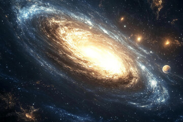Obraz premium A swirling galaxy in the midst of a cosmic voyage, with stars and nebulae swirling in a celestial dance around a dynamic galactic core, distant planets orbiting in glowing energy-filled space.