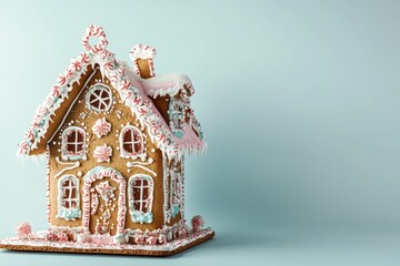 Decorated gingerbread house with candy canes and icing on a blue background