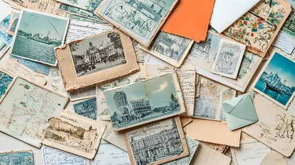 Vintage Postcard Collection Displayed on Cream Background from Above
